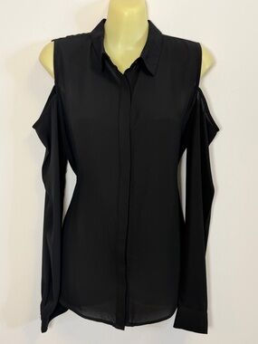 Lumière Cold-Shoulder Black Button Down Blouse